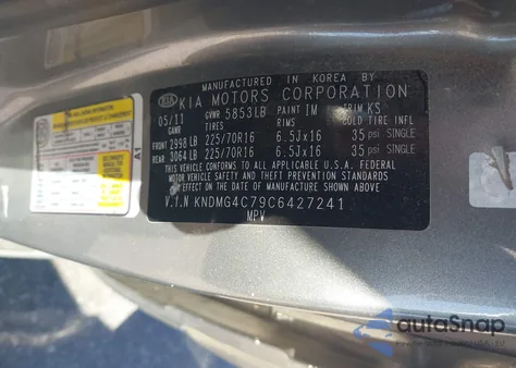 2012 Kia Sedona Lx z USA, uszkodzony, nr VIN KNDMG4C79C6427241